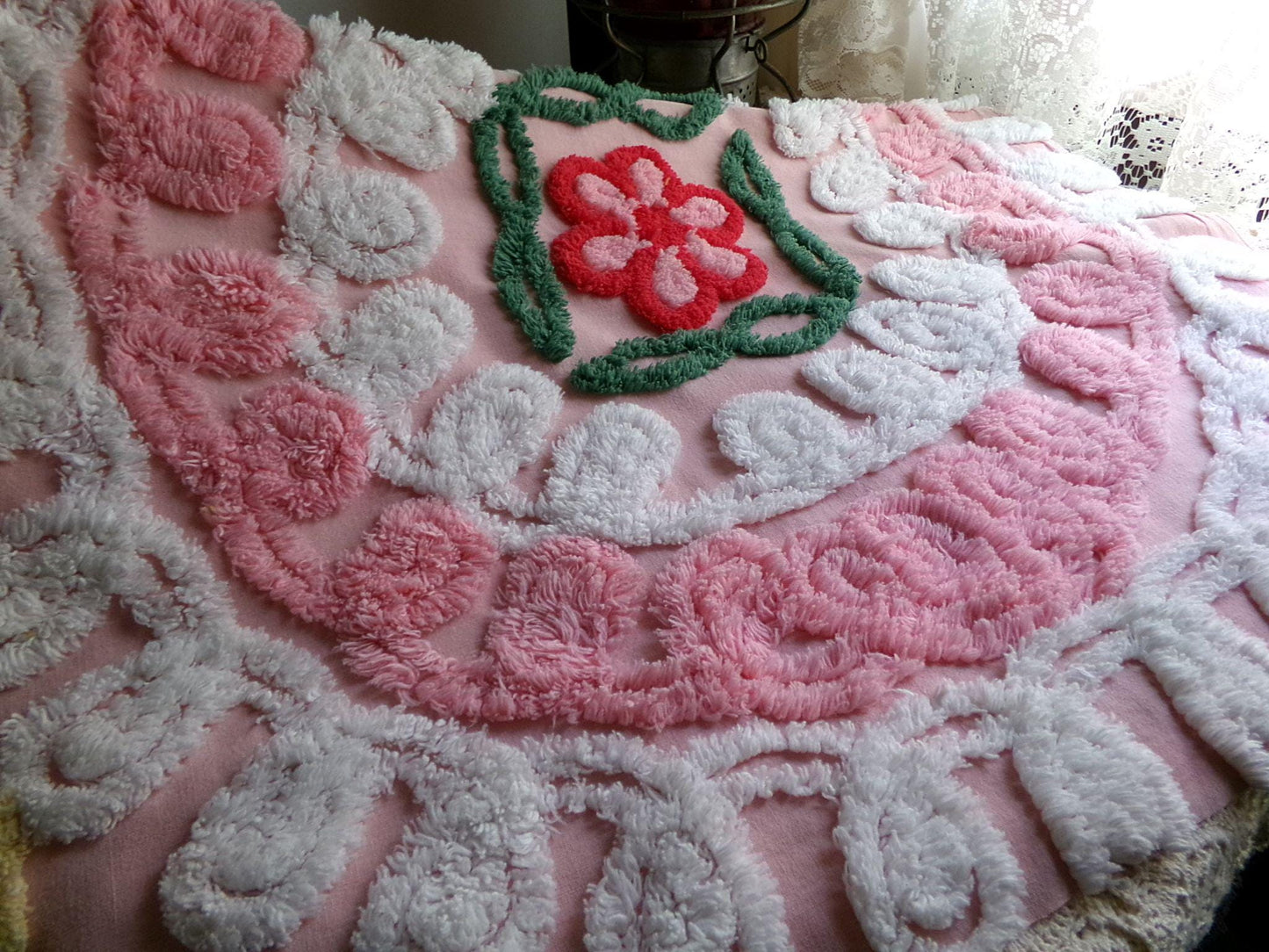 frosted pink cupcake vintage chenille fabric, iced wedding cake design with rose flower, 21" x 30" inch piece of sewing material