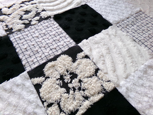 trendy tuxedo b&w chenille fabric squares, set of 16 vintage black and white quilt blocks 6" ea, great textures for crafts, quilting