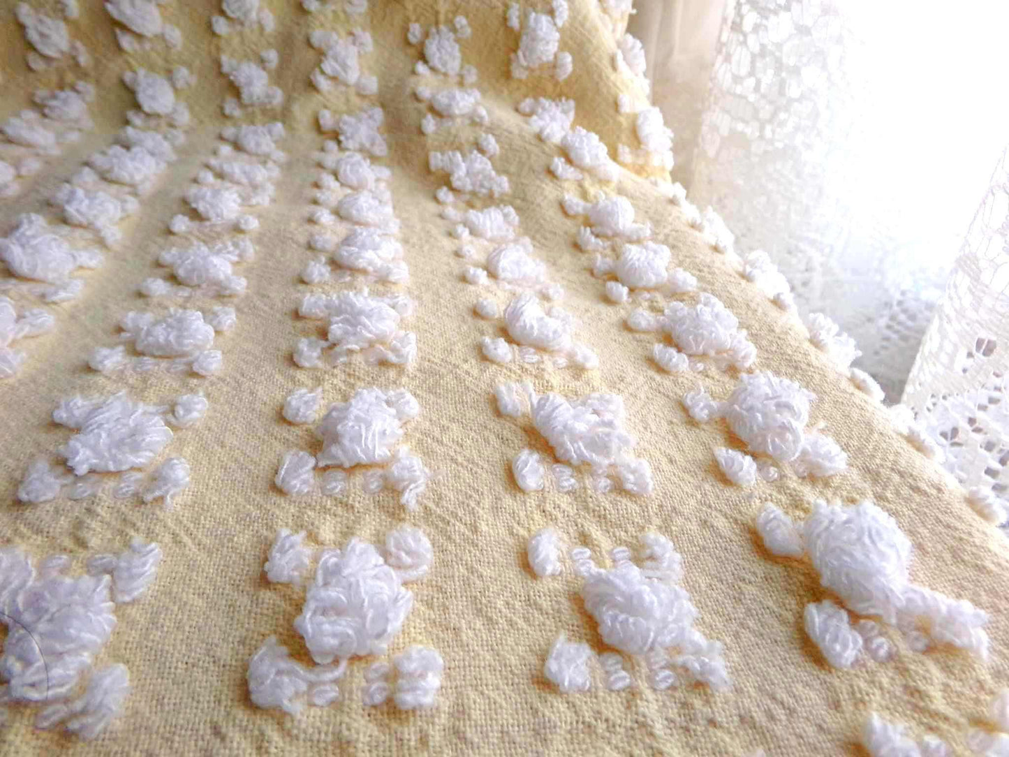 Buttercup Yellow White Rosebud Vintage Chenille Fabric, Cottage Style Tufted Roses, 12" x 24" inch Piece