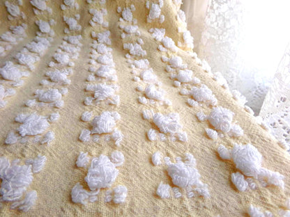 Buttercup Yellow White Rosebud Vintage Chenille Fabric, Cottage Style Tufted Roses, 12" x 24" inch Piece