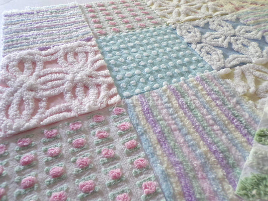 Rainbow Pastel Quilt Squares Set, Rotary Cut from Vintage Chenille Bedspread Fabric, 16 Blocks, 6" x 6" inch for quilting, sewing, crafts
