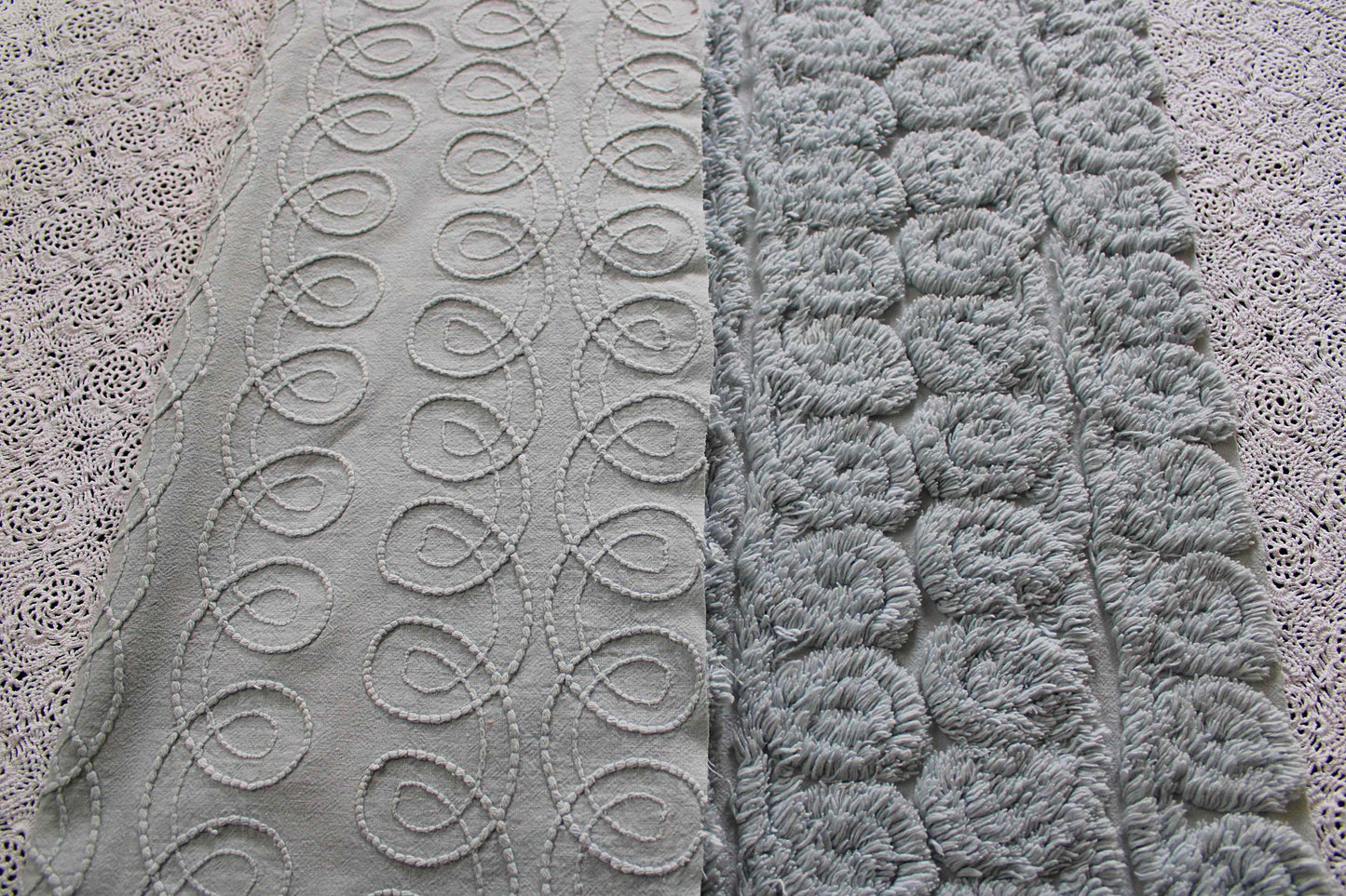 plush looping curlicues vintage chenille fabric, 21" x 24" cut piece in dreamy dusty blue, soft & so pretty