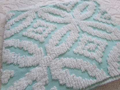 vintage aqua chenille fabric, white petals geometric design, 20" x 24" piece of sewing material