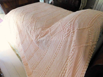 Graceful Waterfall Iced Peach Vintage 1940s Chenille Bedspread, Full Size, Cotton