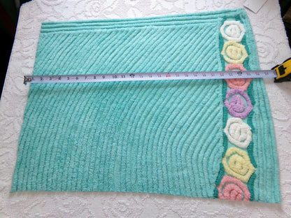 vintage plush aqua chenille fabric, rainbow lollipop roses design, 19" x 24" piece of sewing material