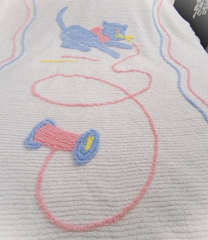 kitten vintage chenille coverlet, charming kitty cat chasing thread in pink, blue & white, cotton accent throw, 38"W x 56"L