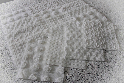 white chenille fabric squares in dynamic textures, coin dots, lattice, mini pop sparkle & squiggles, 16 vintage quilt blocks, 6" x 6" ea