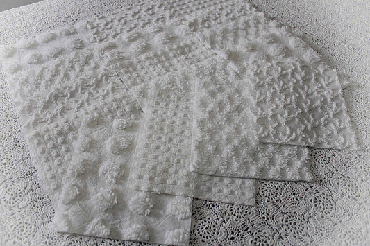 white chenille fabric squares in dynamic textures, coin dots, lattice, mini pop sparkle & squiggles, 16 vintage quilt blocks, 6" x 6" ea
