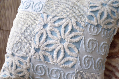 Beach Cottage Chenille Pillow Cover 16" x 16" inch Square, REVERSIBLE Patchwork Blue Accent Pillow from Vintage Chenille Bedspread Fabric