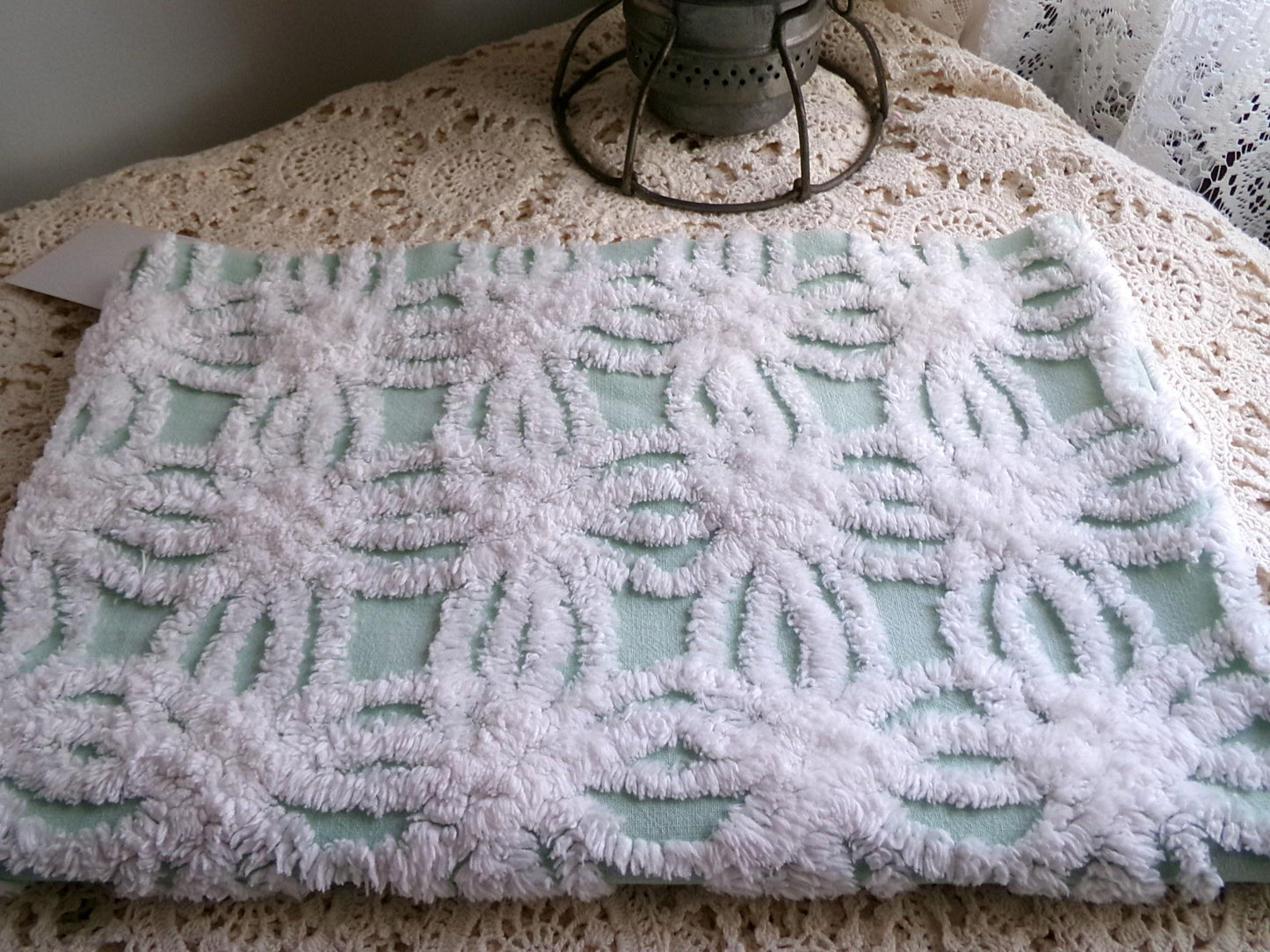mint green chenille fabric, plush white wedding rings, 18" x 26" inch piece cut from vintage chenille bedspread