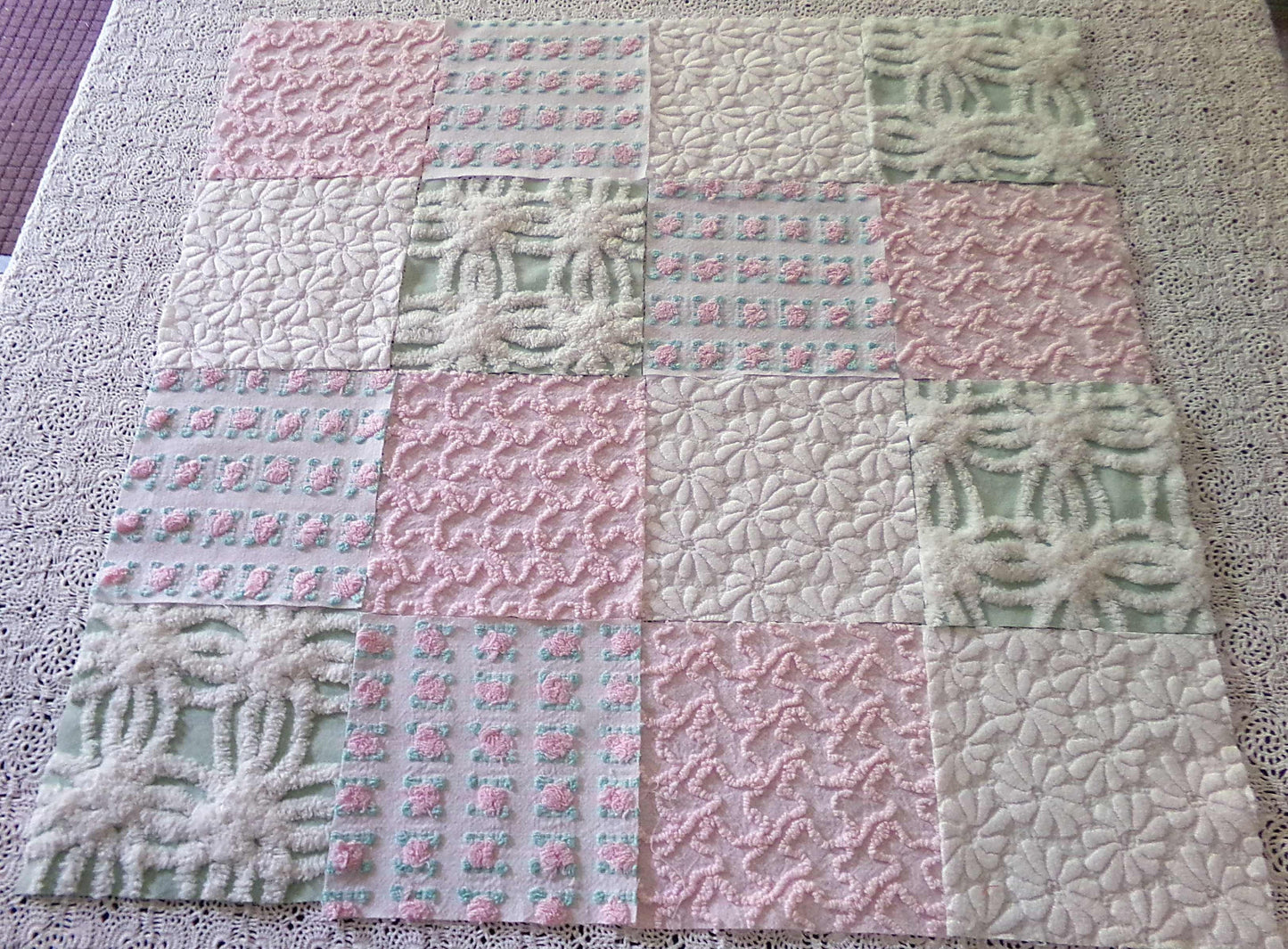 Chenille Squares Set, "Summer Bliss," 16 Vintage Fabric Quilt Blocks, 6" inch in White Daisy, Pink Rosebud, Mint Green, Squiggles