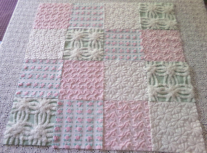 Chenille Squares Set, "Summer Bliss," 16 Vintage Fabric Quilt Blocks, 6" inch in White Daisy, Pink Rosebud, Mint Green, Squiggles