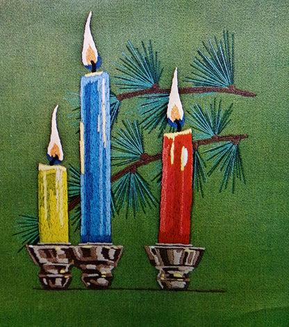 BY CANDLELIGHT Crewel Stitchery Kit, Exquisite Trio of Tranquil Candles on Evergreen Canvas, Vintage 0149 Paragon Needlecraft Embroidery