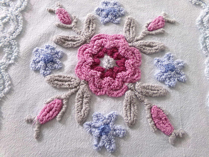 exquisite floral bloom chenille fabric, so pretty for pillow cover, 16" x 20.5" needletuft piece in ice blue with mauve pink flowers