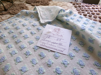Miniature Blue Rosebuds Vintage Chenille Quilt Fabric, 12" x 29" inch Piece, Micro Roses on Lightweight Cotton