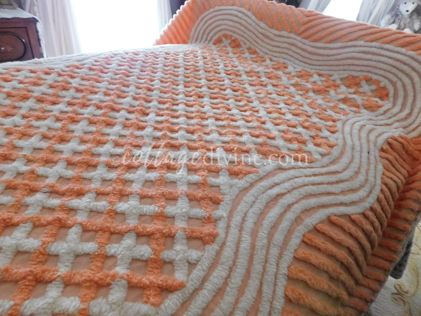 Delicious Peach Creamsicle Vintage Chenille Bedspread, 100% Plush Cotton, Twin Size