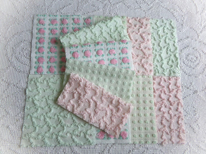 fairytale pink & green chenille fabric squares, set of 12 vintage 6" quilt blocks in crafty girl's dozen, popular squiggles, rosebud, dots