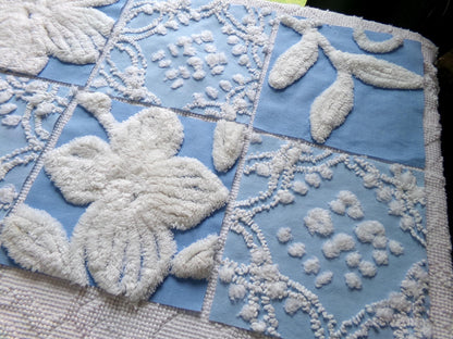coastal breeze chenille fabric squares, set of 8 vintage 7.5" quilt blocks, blue geometric, white floral for sewing, crafts, quilting