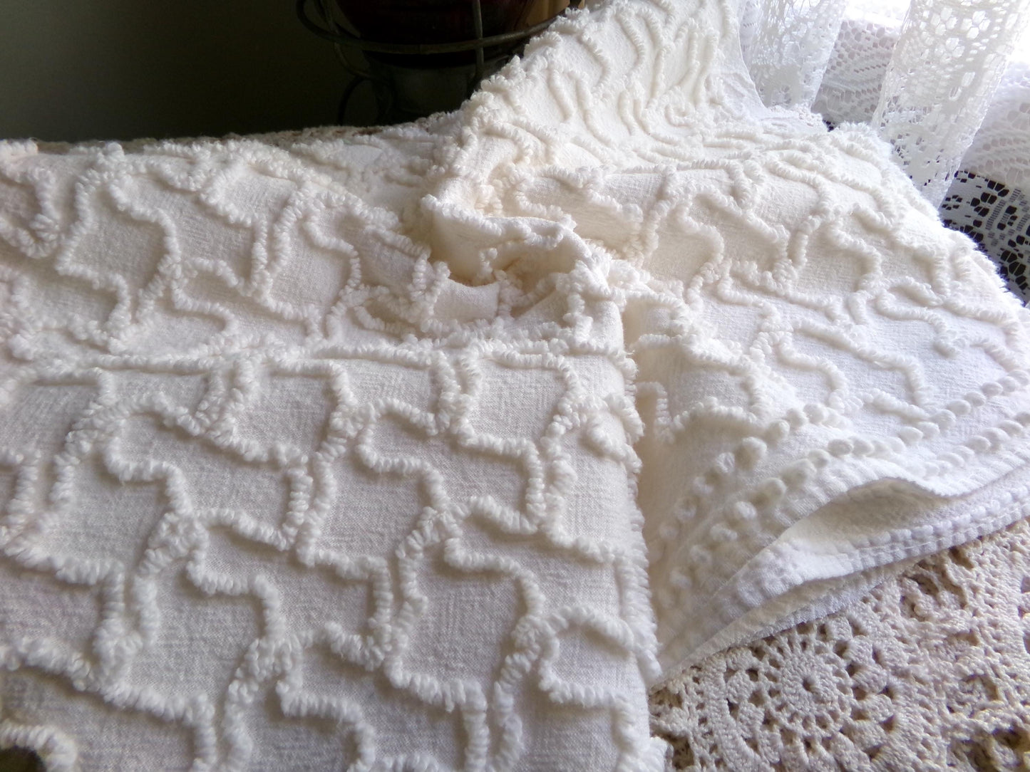 Gentle Cream Texturized Chenille Material, Squiggle Tuft, 20" x 25" inch Piece, Neutral Vintage Fabric for Handmade Quilts & DIY Pillows
