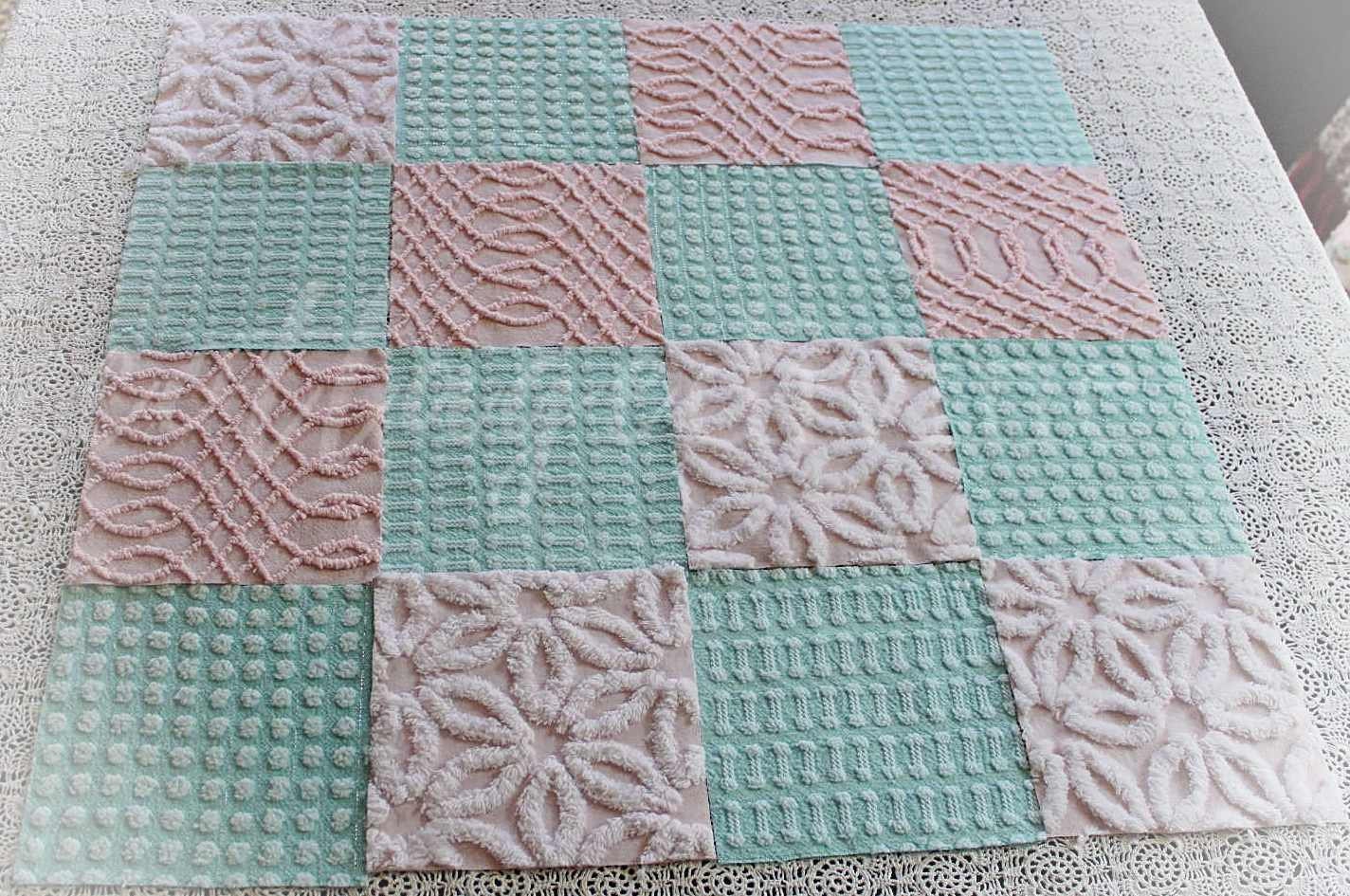 Pink & Aqua Chenille Quilt Squares Set, Rotary Cut from Vintage Chenille Bedspread Fabric, 16 Blocks, 6" x 6" inch each