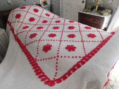 Vintage Chenille Bedspread, Fabulous Red Roses on White, Full Size, Cotton, Midcentury Bed Linens