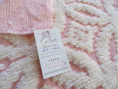 Snuggle Pink Vintage Chenille Fabric, White Sculpted Geometric Tufting, 20" x 31" inch Piece