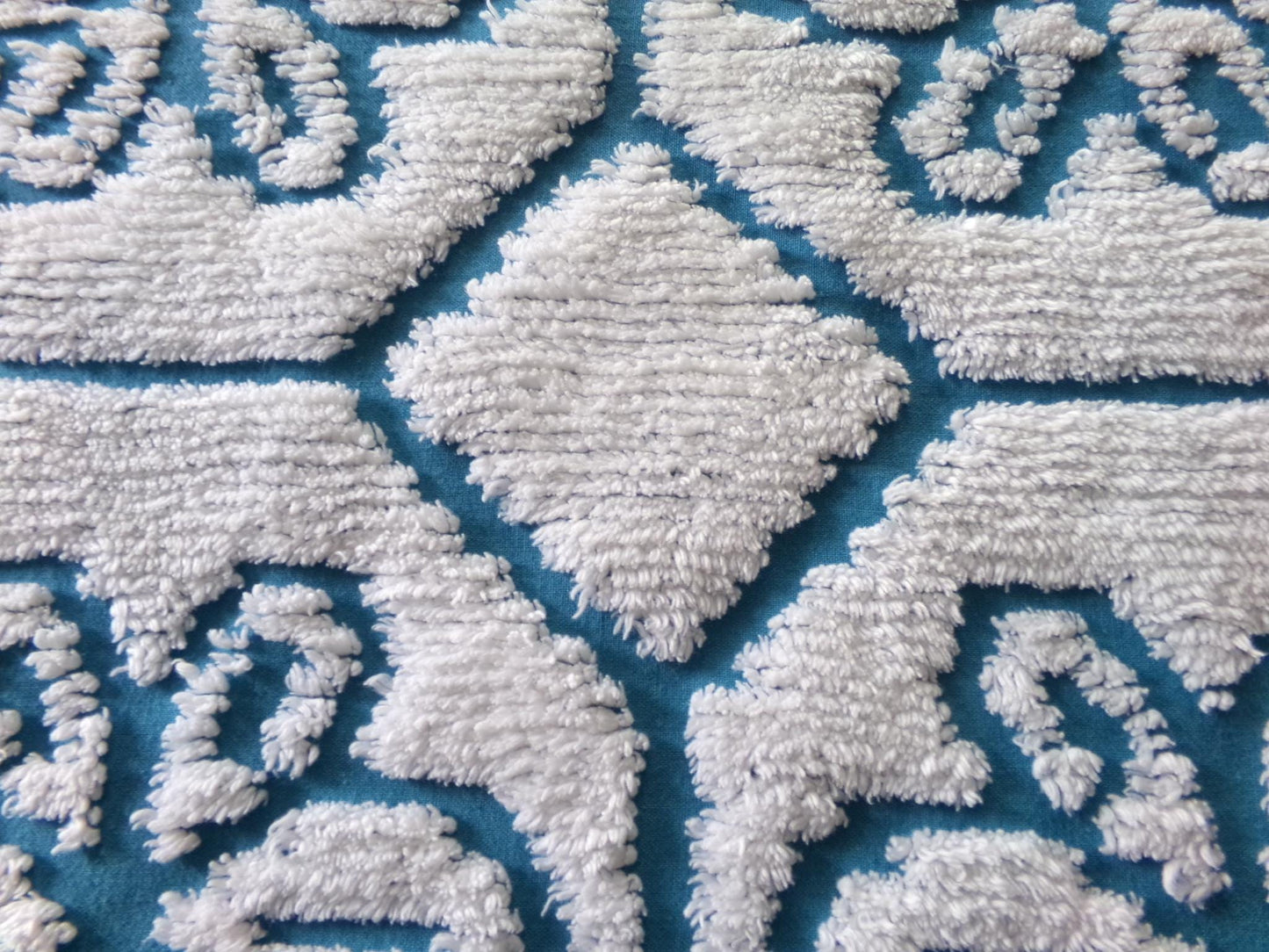 sea glass blue vintage fabric, texturized white daisy block design, 20" x 25" piece of sewing material cut from chenille bedspread
