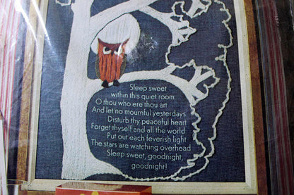 OWL GOODNIGHT Sampler ~ 1973 Erica Wilson Design, Vintage Columbia Minerva Creative CREWEL Embroidery Kit # 7303 ~ Cute Poem