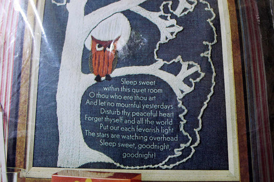 OWL GOODNIGHT Sampler ~ 1973 Erica Wilson Design, Vintage Columbia Minerva Creative CREWEL Embroidery Kit # 7303 ~ Cute Poem