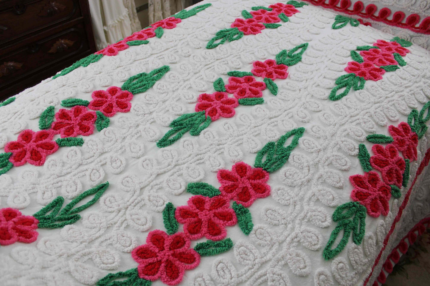 Vintage Chenille Bedspread, Raining Roses on Plush White, Full Size