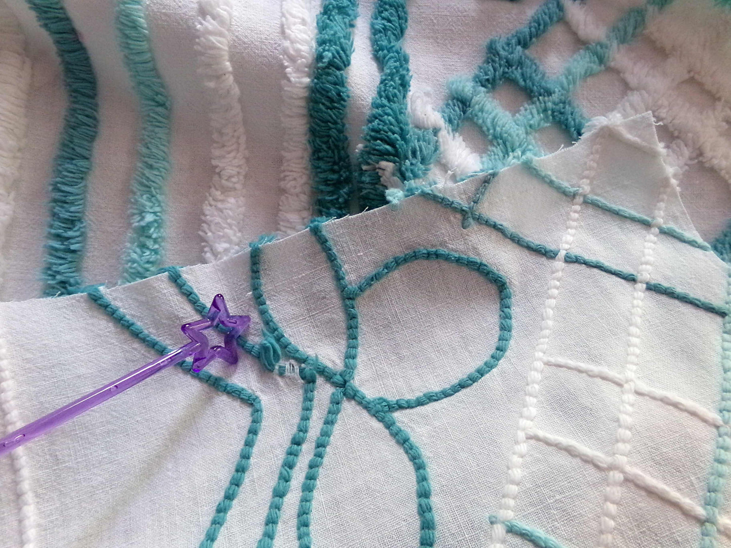 Pretty Vintage Chenille Fabric with Cottage Bow Swags, 24" x 25" inch Piece, 100% Cotton, Tonal Green & White