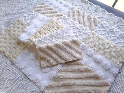 chic neutral chenille fabric squares, set of 16 vintage tan & white quilt blocks 6" ea, coin dot, geometric, infinity, for crafts, quilting