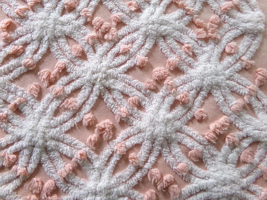 cottagecore peach vintage fabric, texturized white spider tuft dot design, 16" x 26" piece of sewing material cut from chenille bedspread