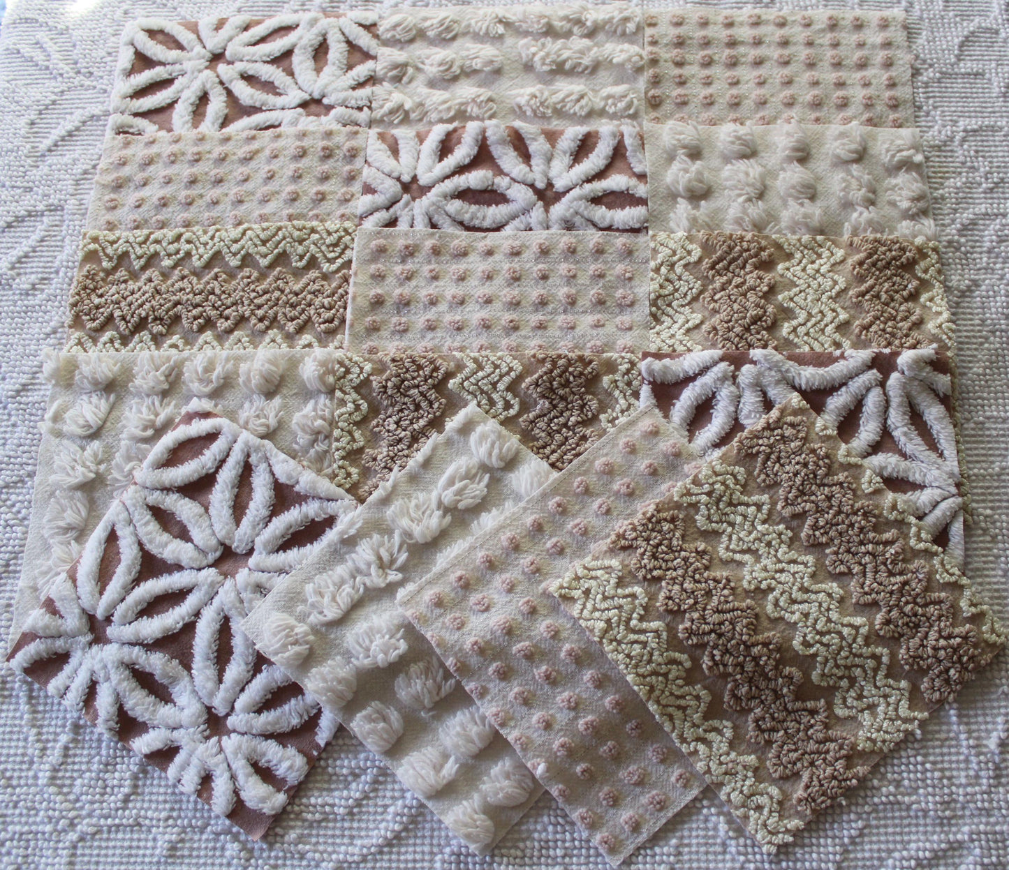 creamy vanilla mocha chenille fabric squares, set of 16 vintage quilt blocks 6" inches ea, daisy, squiggle, puffy pop texture