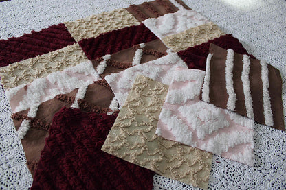 chocolate raspberry chenille fabric squares, 16 vintage quilt blocks, 6" x 6" inches ea, great shades of brown, merlot, mocha, white