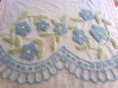 Blooming Blue Flowers Vintage Style Chenille Fabric, 24" x 28" inch Piece, 100% Cotton with Plush Florals, Great for Pillows