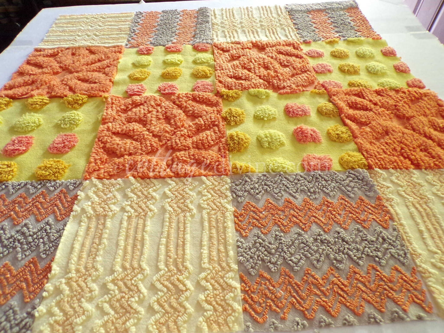 Quilt Squares Set, "Wild Lightning Zaps" from Vintage Chenille Bedspread Fabric, 16 Blocks, 6" x 6" inch