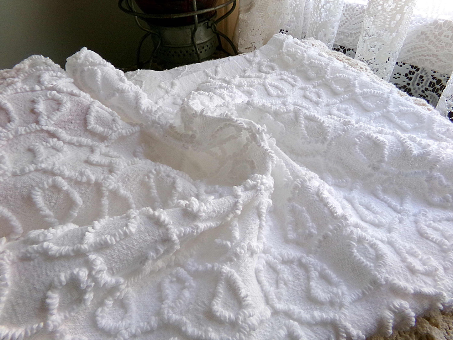 White Cursive Loops Texturized Chenille Material, 19" x 27" inch Needletuft Piece, Neutral Vintage Fabric for Handmade Quilts, DIY Pillows