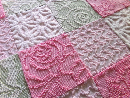 Flower Lady Vintage Chenille Squares, 16 Quilt Blocks, 6" inch in Sage Green, Petal Pink & Rose, from Chenille Bedspread Fabrics