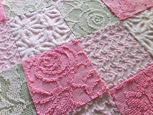 Flower Lady Vintage Chenille Squares, 16 Quilt Blocks, 6" inch in Sage Green, Petal Pink & Rose, from Chenille Bedspread Fabrics