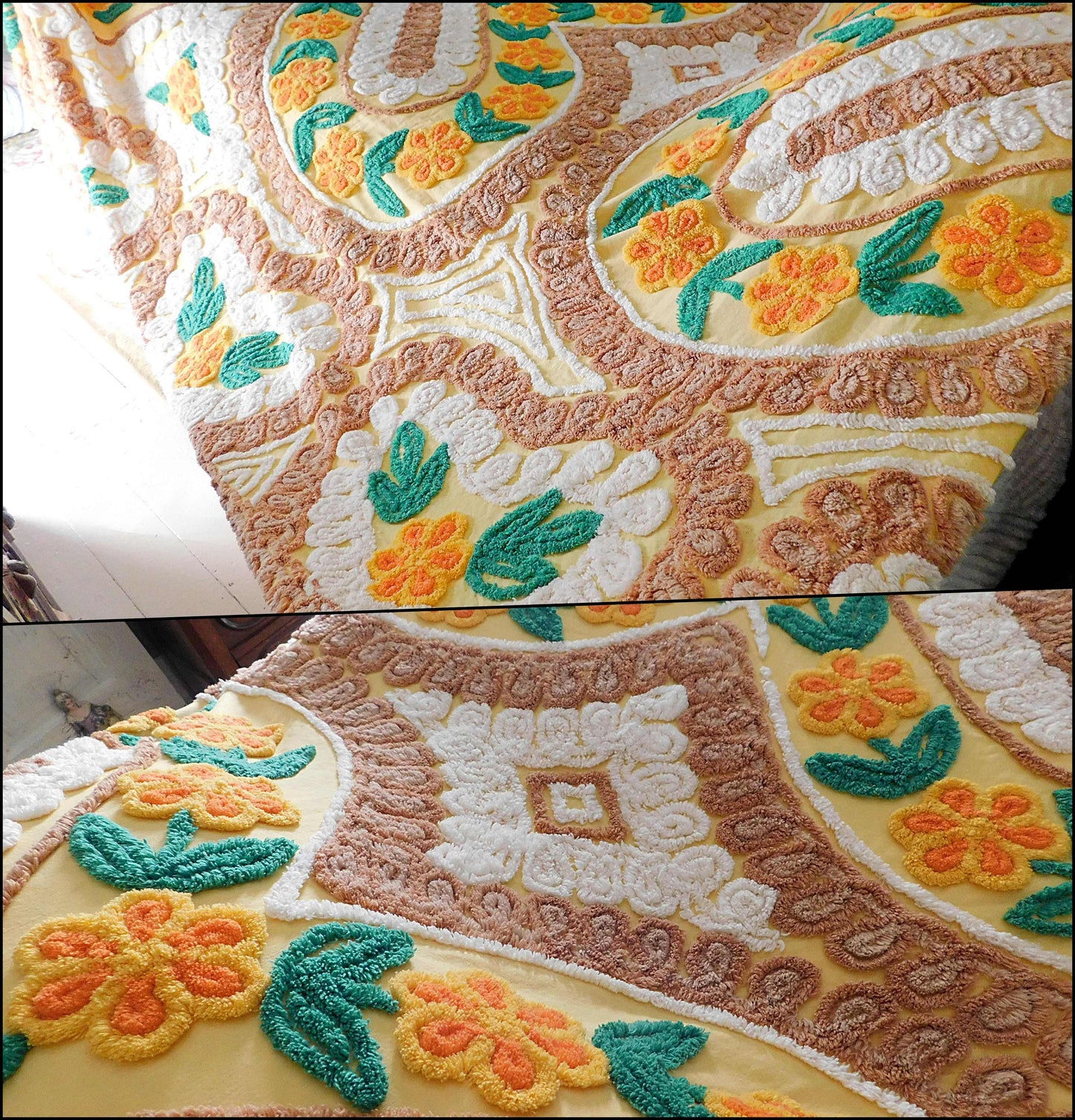 Midcentury Vintage Chenille Bedspread, Sunrise Yellow Gold Hearts & Flowers, Full Size Bedding
