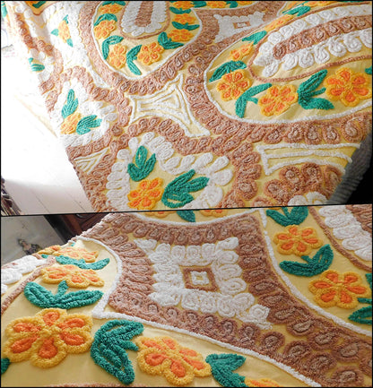 Midcentury Vintage Chenille Bedspread, Sunrise Yellow Gold Hearts & Flowers, Full Size Bedding