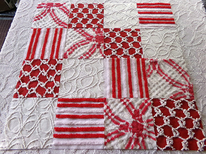 candy canes chenille fabric squares, red & white vintage craft square set of 16 blocks, 6" x 6" inch, great for Christmas stockings
