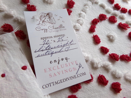 ruby red rings in white diamonds vintage chenille fabric, charming antique handtufted 20"x 25" inch piece of sewing & quilt material