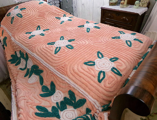 white roses in autumn vintage chenille bedspread, lovely peach glow cotton full size shabby chic bedding