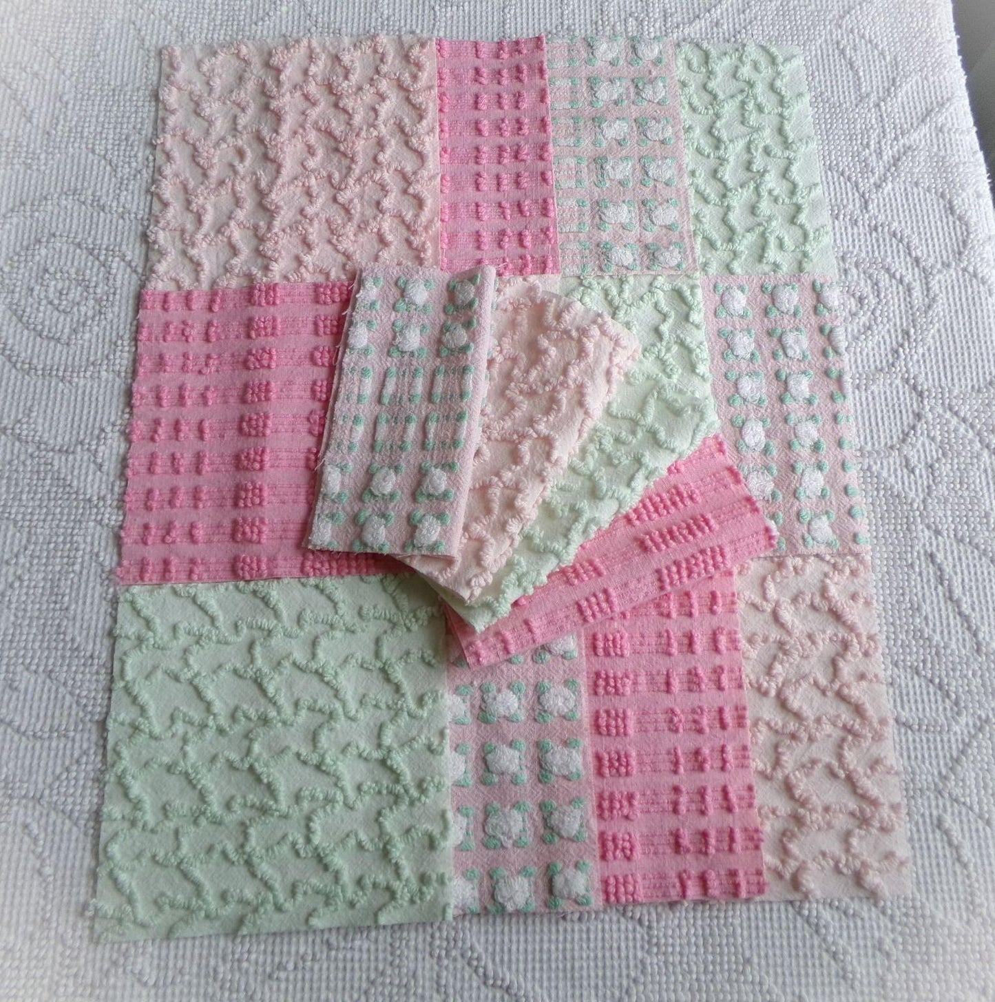 phantom rose 6" chenille squares, green, pink, white rosebud, set of 16 quilt blocks rotary cut from vintage chenille bedspread fabrics