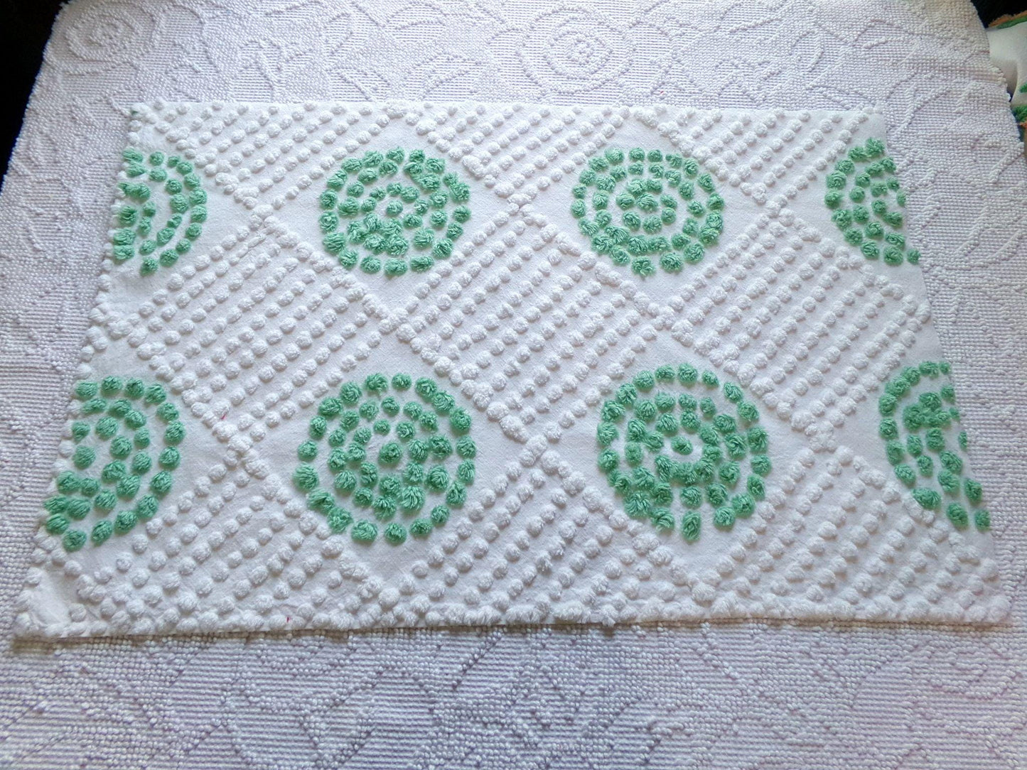 sweet shamrock green vintage chenille fabric, diamond circle pattern, 16" x 24" piece of white cotton sewing material for quilts, crafts