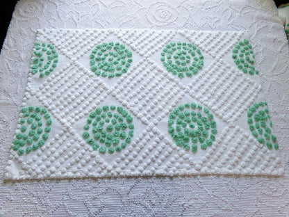 sweet shamrock green vintage chenille fabric, diamond circle pattern, 16" x 24" piece of white cotton sewing material for quilts, crafts