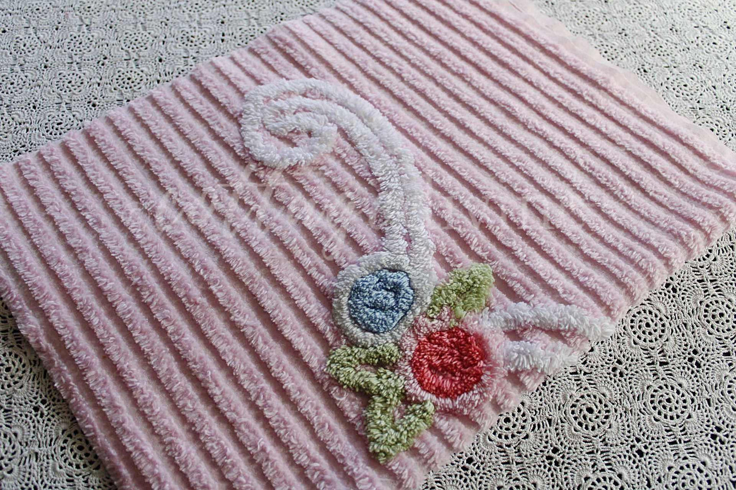 Simple Pink Floral Scroll Vintage White Chenille Fabric, 26" x 17" inch Piece, Great for Pillow Front