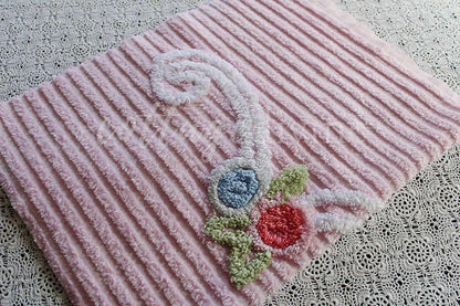 Simple Pink Floral Scroll Vintage White Chenille Fabric, 26" x 17" inch Piece, Great for Pillow Front